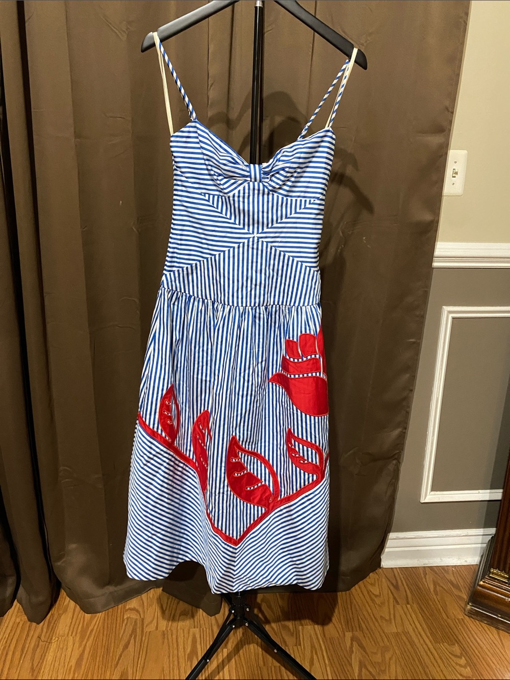 FARM Rio Blue & White Striped Midi Dress with Red Floral Appliqué